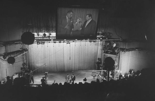 RCA television projection system in use at Studio 50. The screen is roughly 16 x 19 and gives a good look at the broadcast image to those in the upper balcony.jpg